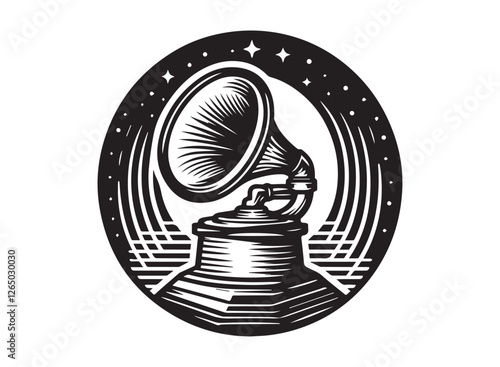 Vintage Gramophone with Vinyl Record on Wooden Table – Retro Phonograph for Music, Sound, and Audio Entertainment, Antique Design with Grunge Aesthetic and Artistic Illustration