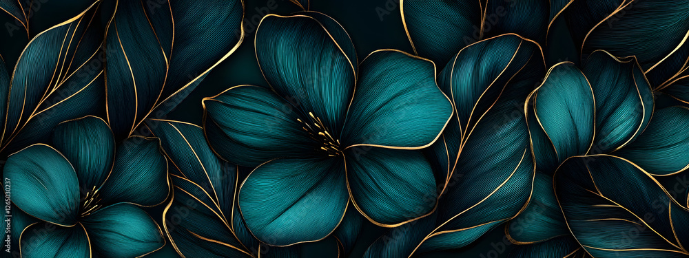 Black background, dark turquoise and gold floral pattern wallpaper with dahlia flowers
Black background, dark turquoise and gold floral pattern wallpaper with dahlia flowers