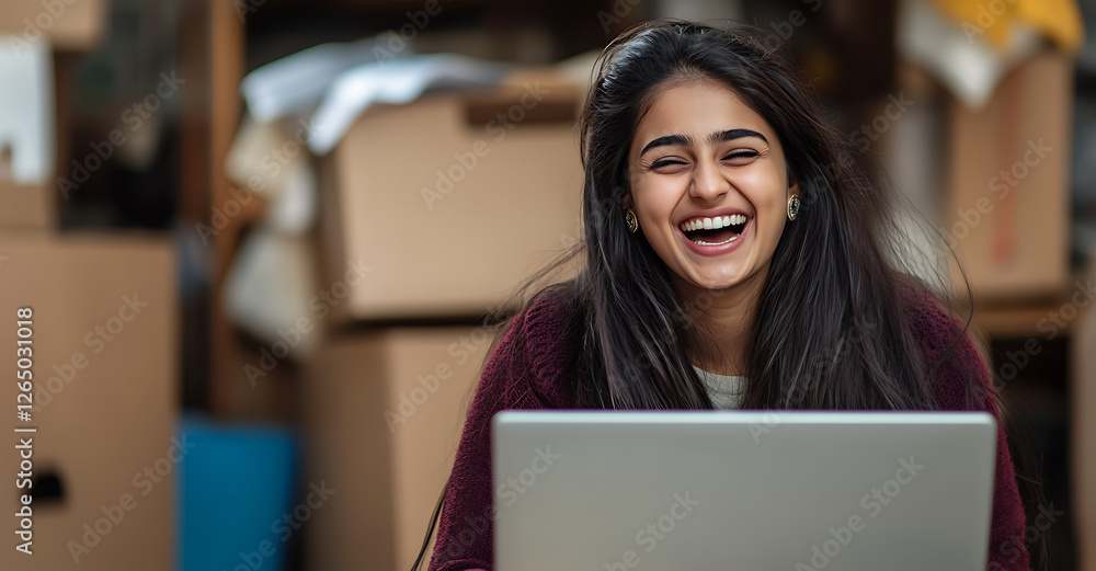 A portrait Young Indian businesswoman laughing,smiling while using a laptop in the office. A portrait Young Indian businesswoman laughing,smiling while using a laptop in the office.