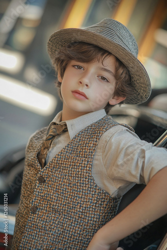 Boy in fashionable vest and hat posing against vintage car photo