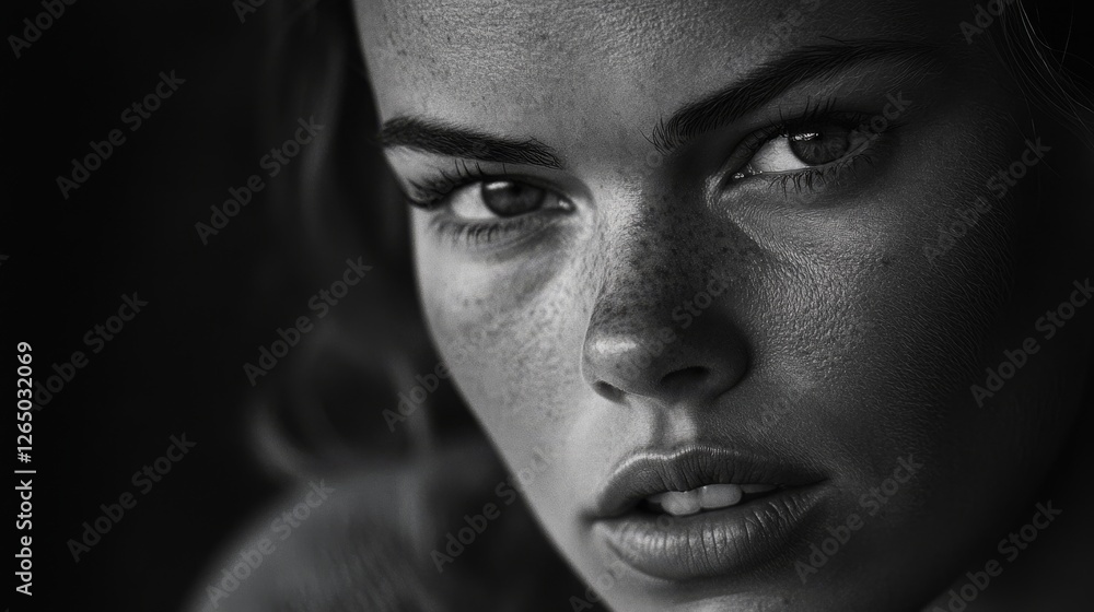 Fototapeta premium A stunning black-and-white portrait captures a woman's freckled face with intense detail, showcasing strength and vulnerability.