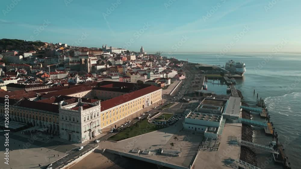 Lisbon, Portugal - Aerial view of Lisbon. Spectacular view of Cruise Ship Terminal of Lisbon. Beautiful promenade of Lisbon. Travel destination Lisbon, Portugal - Aerial view of Lisbon. Spectacular view of Cruise Ship Terminal of Lisbon. Beautiful promenade of Lisbon. Travel destination