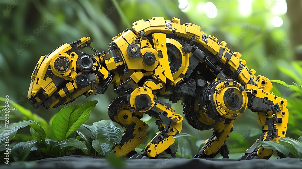 Mechanical Canine Robot in Lush Green Foliage Mechanical Canine Robot in Lush Green Foliage