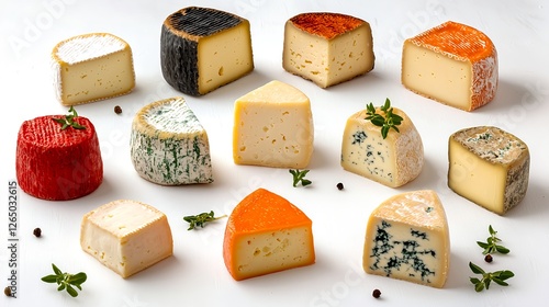 Assorted Artisan Cheeses Arranged on White Background for Display