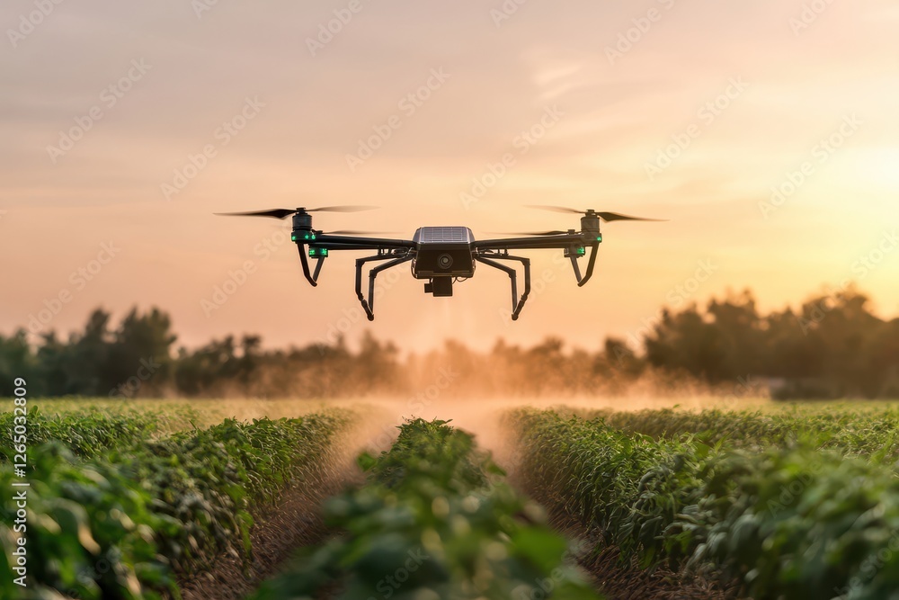 Drone hovering over lush green farmland at sunset while monitoring crop health in a rural landscape Drone hovering over lush green farmland at sunset while monitoring crop health in a rural landscape
