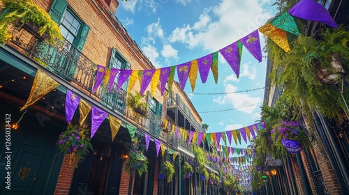 A street corner in New Orleans decorated with purple, green, and gold banners for Mardi Gras 