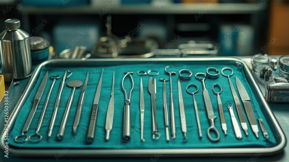 Sterile Surgical Instruments on Tray Medical Tools Steel Scalpels Dentistry Equipment Sterile Surgical Instruments on Tray Medical Tools Steel Scalpels Dentistry Equipment