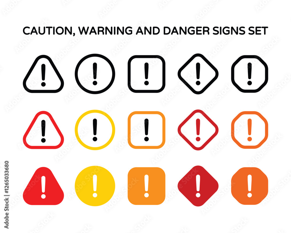 Warning Signs Icons Set with Exclamation Marks Vector Collection, featuring Exclamation Marks in Different Geometric Shapes, Presented in Black Outline, Colored Outline, and Solid Versions. Warning Signs Icons Set with Exclamation Marks Vector Collection, featuring Exclamation Marks in Different Geometric Shapes, Presented in Black Outline, Colored Outline, and Solid Versions.