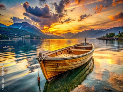 Lake Como's golden sunset casts a magical glow on an aged wooden boat, a picturesque Dervio scene. photo