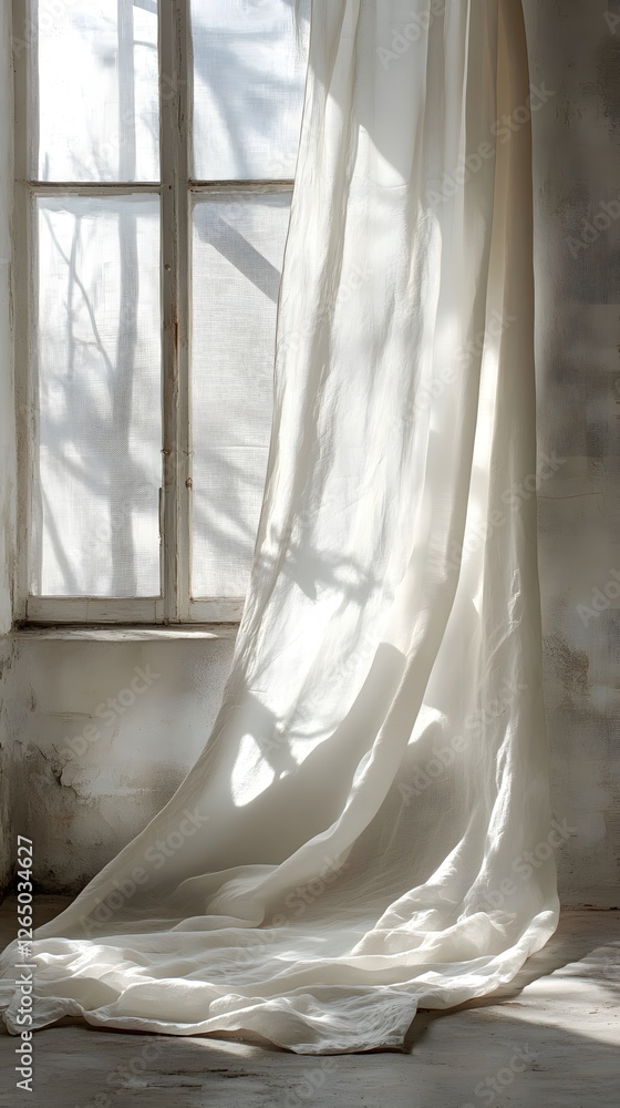 Serene Window Scene with Flowing White Curtain and Soft Light Creating a Calm Atmosphere Serene Window Scene with Flowing White Curtain and Soft Light Creating a Calm Atmosphere
