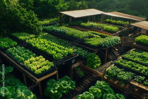 Lush rooftop garden showcasing vibrant greens and organized rows during a sunny afternoon photo