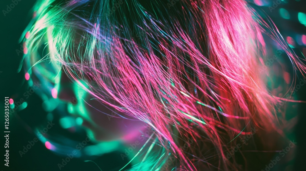Fototapeta premium Vivid neon lights cascade through flowing hair, painting a lively blend of pink and green for an energetic and whimsical visual moment.