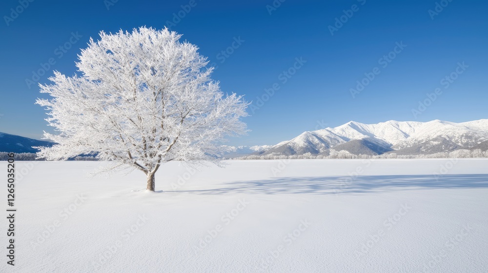 Snowy winter tree, snow-covered landscape, mountains background, serene scene, nature photography Snowy winter tree, snow-covered landscape, mountains background, serene scene, nature photography