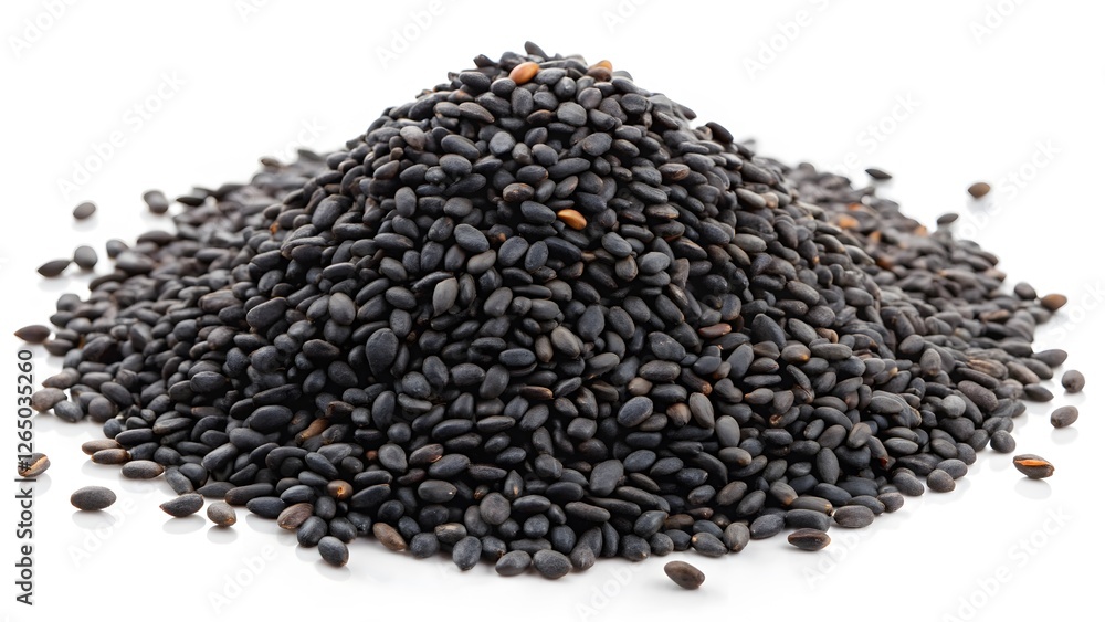 Heap of Black Sesame Seeds on White Background Heap of Black Sesame Seeds on White Background