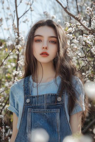 Girl in fashionable overalls posing against the backdrop of a blooming garden in spring photo