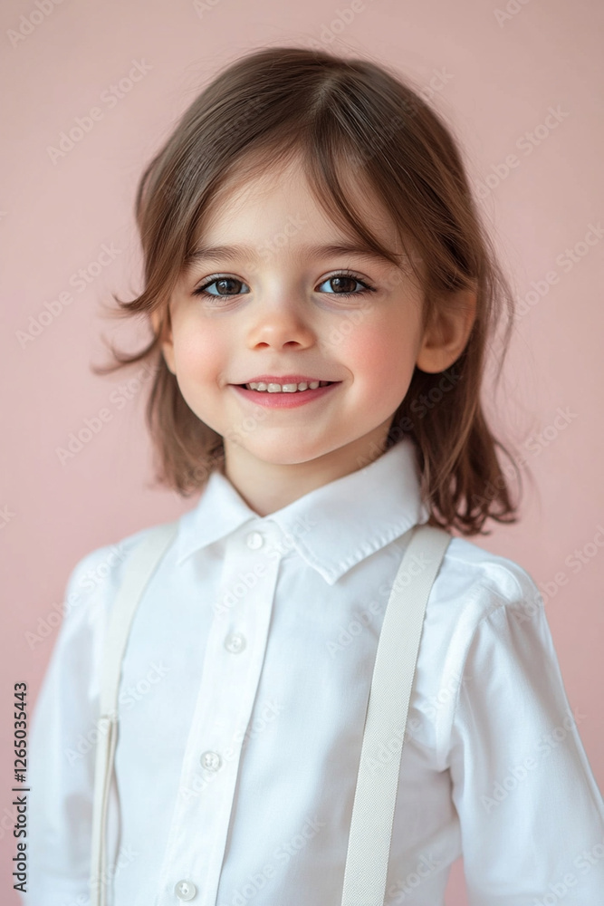 Little fashionista in classic white shirt and suspenders smiles at camera Little fashionista in classic white shirt and suspenders smiles at camera