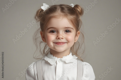 Little fashionista in classic white shirt and suspenders smiles at camera photo