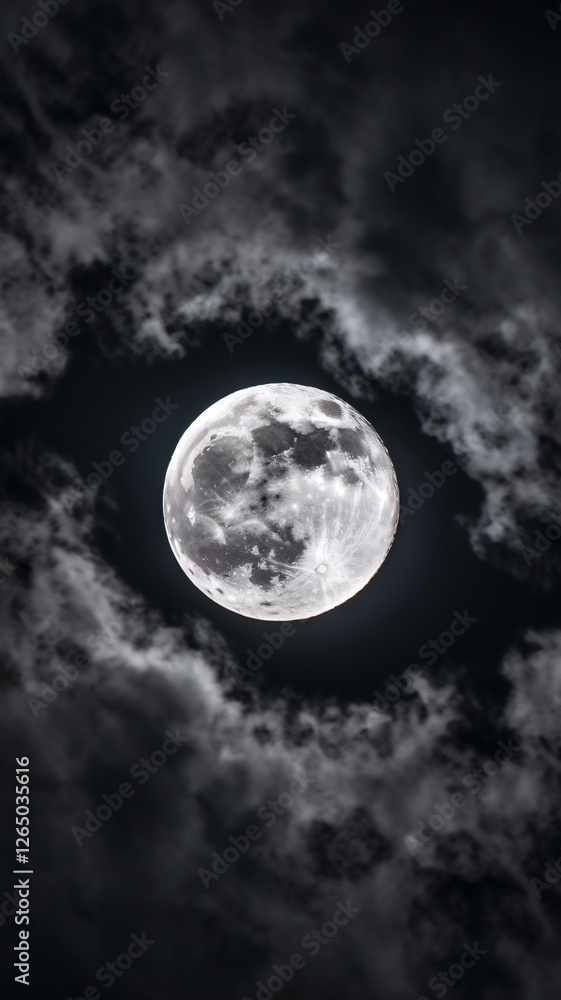 Naklejka premium A luminous full moon surrounded by wispy clouds in a dark sky, creating an enchanting night scene.