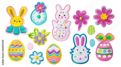 Colorful patch badges with Happy Easter icon. Design Easter greetings elements, stickers, pins for spring holidays on transparent