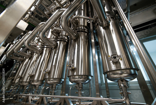 Industrial stainless steel pipes connected with vats and control valves