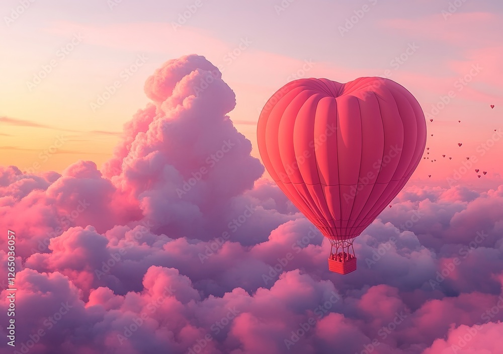 Obraz premium Heart-shaped balloons in Living Coral float through the clouds in a Valentine's Day illustration, representing love and the associated feelings of peace and happiness