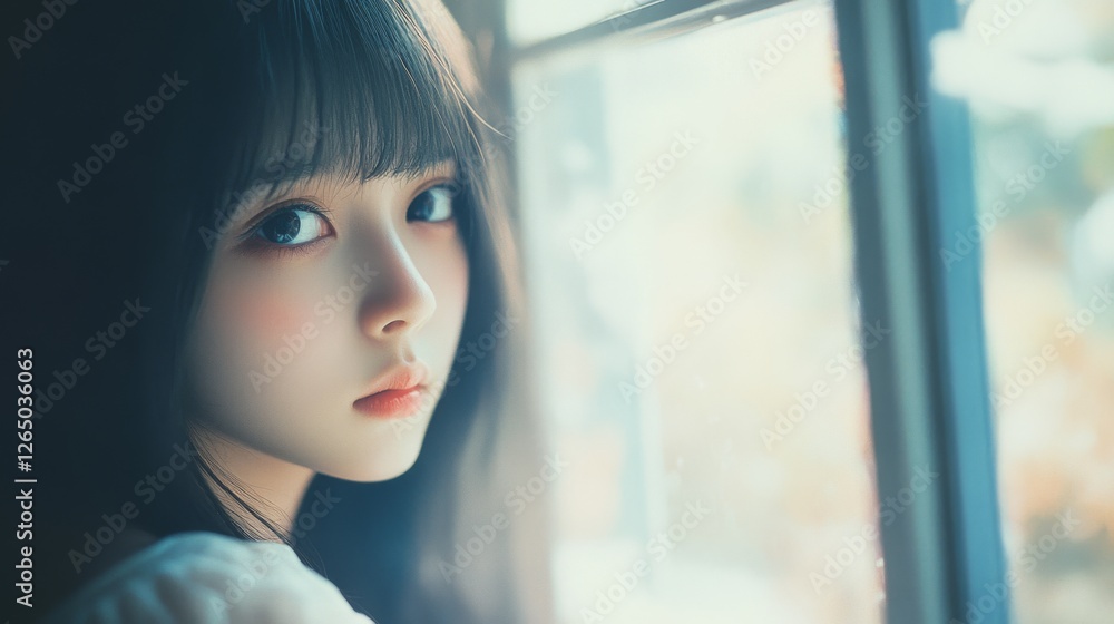 A girl with thoughtful eyes gazes out a window, her expression serene yet introspective, as soft daylight illuminates her from the side. A girl with thoughtful eyes gazes out a window, her expression serene yet introspective, as soft daylight illuminates her from the side.