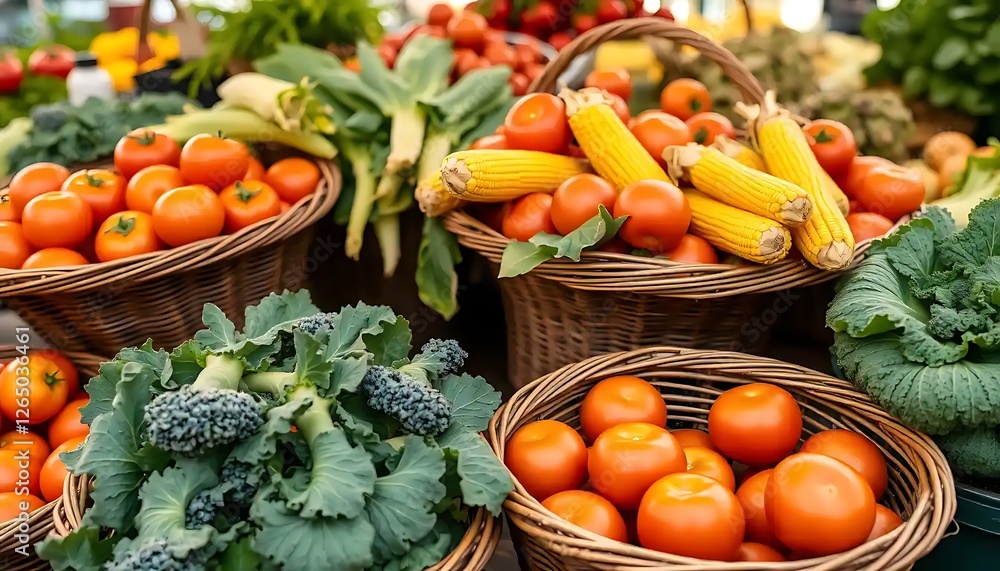 Freshly harvested produce displayed in wicker baskets at a market Freshly harvested produce displayed in wicker baskets at a market
