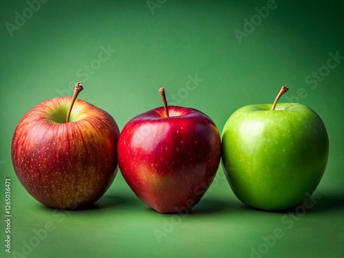 Minimalist Green Apple Still Life Photography: Three Apples on Green Background, One Green Apple Stands Out