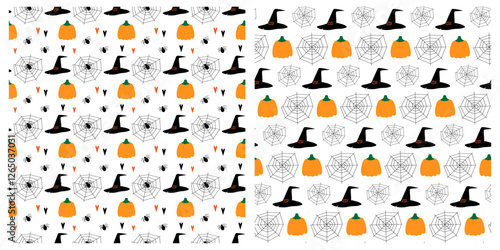 Pumpkins, Witchy caps, Spiders, cobweb and decorative hearts Seamless patterns Halloween fond Set 2