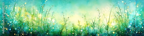 Light Mint Green Watercolor Floral Spray With Delicate Sparkles, Abstract Background Banner