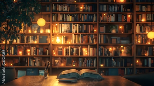 The dusty books under the soft light