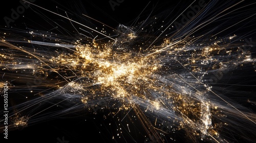 Dynamic golden light streaks explode against a dark background, evoking energy and movement in space.