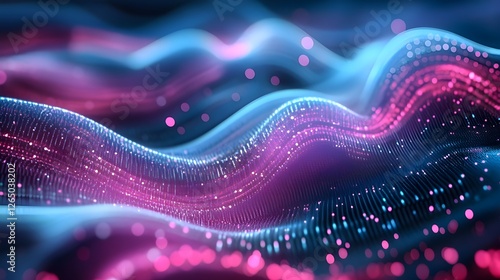 a digital representation of undulating waves with glowing pink and blue particles, resembling a futuristic or abstract data visualization.