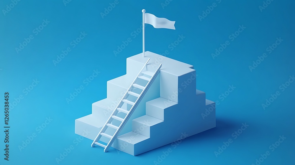 Minimalist 3D Block Structure with Ladder and Flag, A minimalist 3D illustration of a blue block structure with a ladder leading to a pink flag on top Minimalist 3D Block Structure with Ladder and Flag, A minimalist 3D illustration of a blue block structure with a ladder leading to a pink flag on top