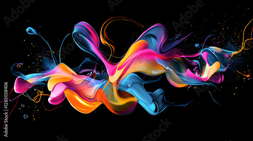 A digital art piece featuring an abstract pattern with swirling lines of vibrant colors, reminiscent of neon lights against a black background
