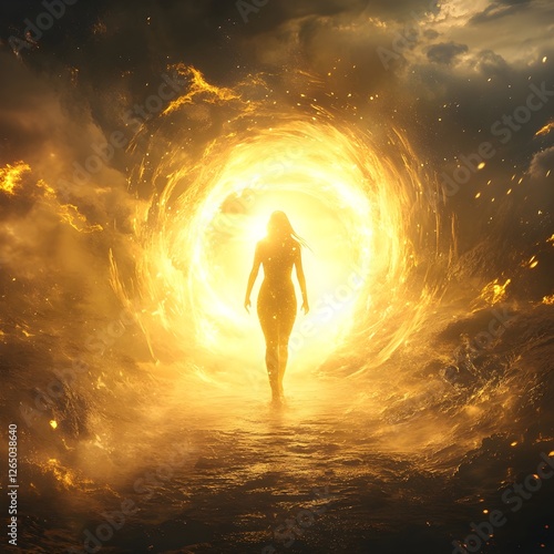 A silhouette of a person stands in front of a bright, glowing portal surrounded by swirling clouds and light, creating a dramatic and mystical scene.