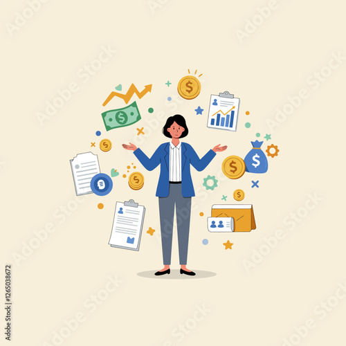 Businesswoman Balancing Finances and Growth Strategy with Money and Documents