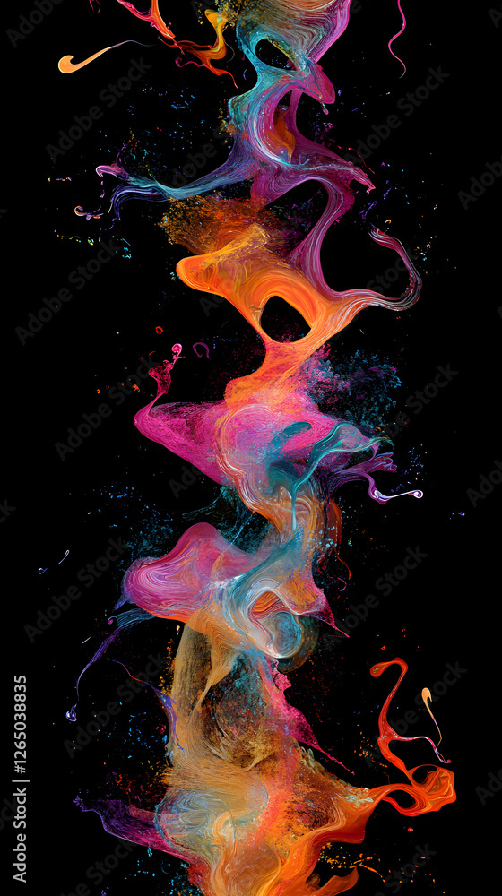 A digital art piece featuring an abstract pattern with swirling lines of vibrant colors, reminiscent of neon lights against a black background

