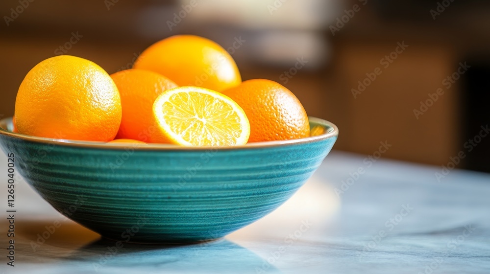 Fresh oranges in a vibrant bowl on a kitchen counter, with soft lighting and blurred background Fresh oranges in a vibrant bowl on a kitchen counter, with soft lighting and blurred background