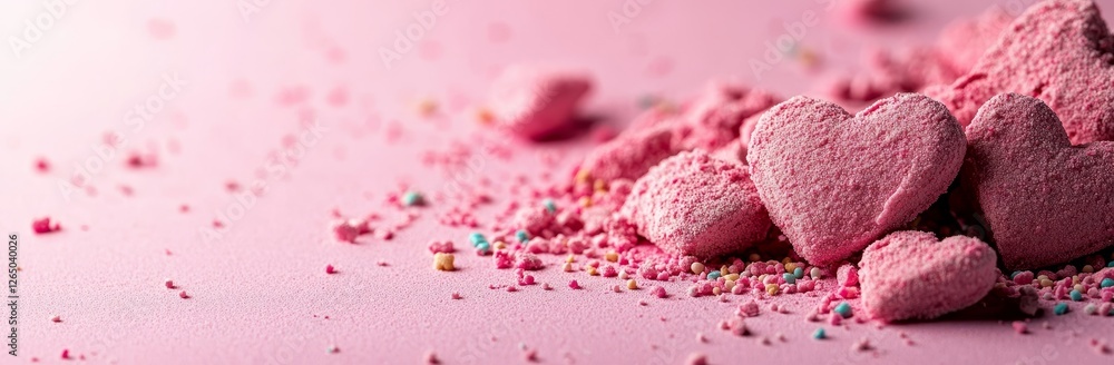 Obraz premium Trendy shining silver and candy pink hearts on a background of cake sprinkles in a flat lay, incorporating copy space, designed for feminine bloggers, Valentine's Day, and festive love concepts,