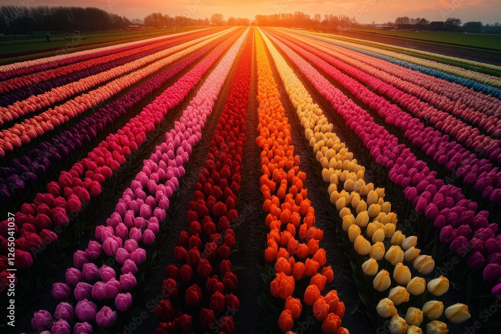 Fototapeta premium Vibrant tulip fields stretch across the horizon under a golden sunset in springtime