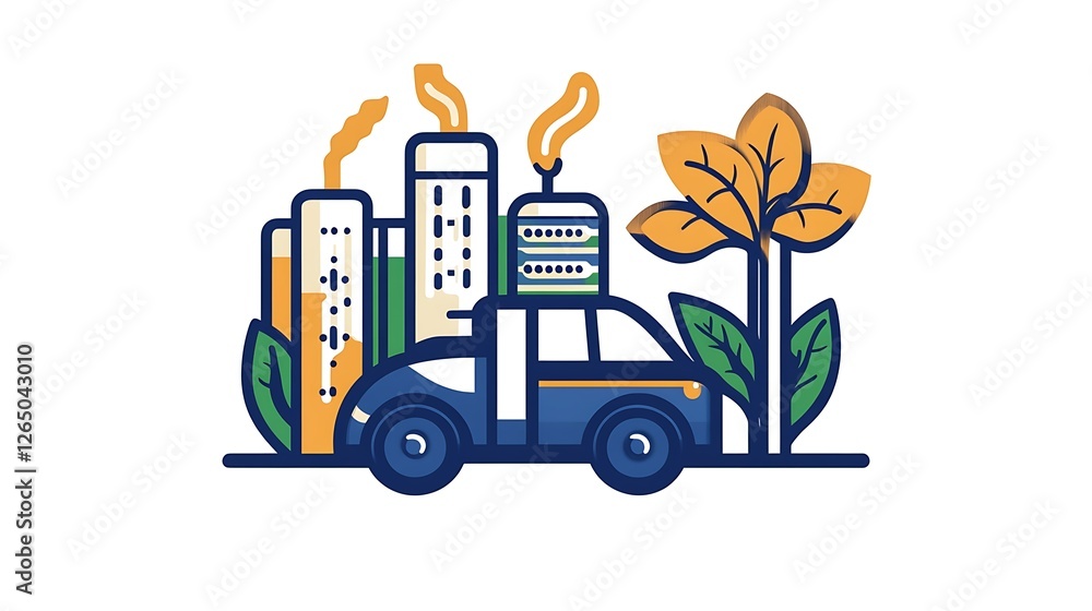 Naklejka premium Vibrant Vector Illustration: Cityscape & Nature Coexist on a Journey AI Generated