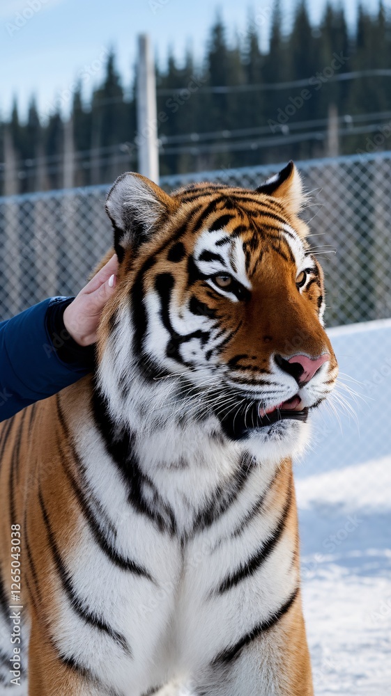 Obraz premium A majestic tiger with striking stripes, calmly being petted by a person in a snowy setting.