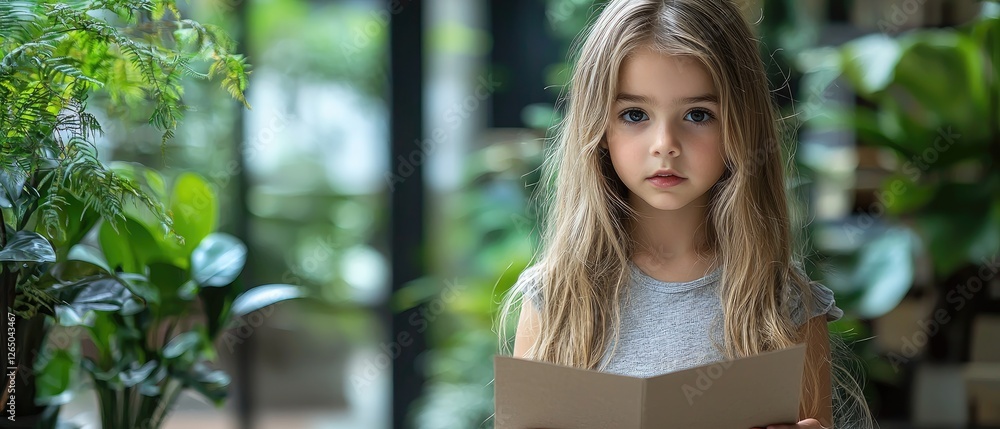 Naklejka premium A young girl holding a book, surrounded by lush indoor plants, conveying curiosity and innocence.