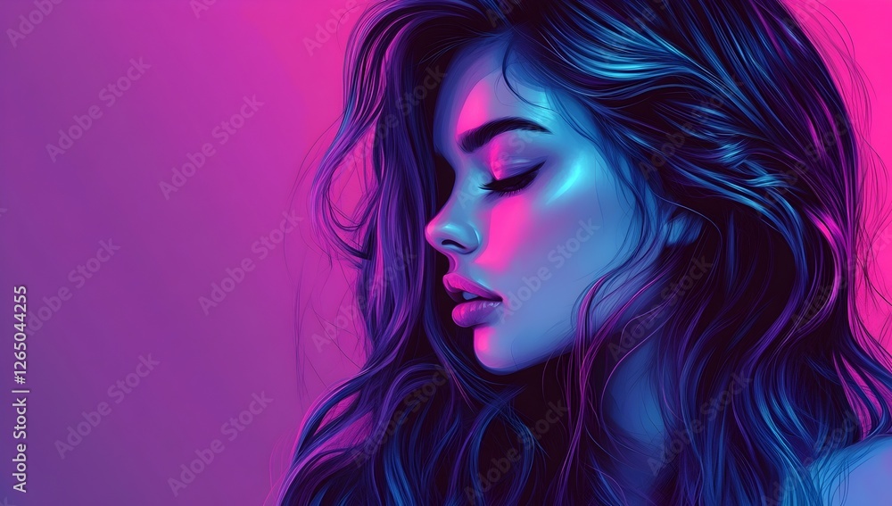 Beautiful Girl with Long Hair in Neon Pink and Blue Background, Digital Art Style Beautiful Girl with Long Hair in Neon Pink and Blue Background, Digital Art Style