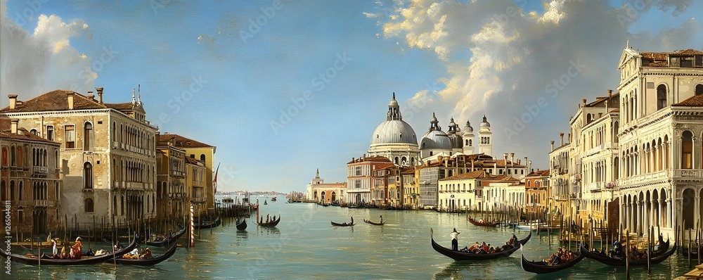 Naklejka premium A wide-angle view of the Grand Canal in Venice, with elegant palaces and bustling water traffic, showcasing the beauty of the city’s waterways