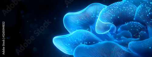 Glowing blue mushrooms on a black background
