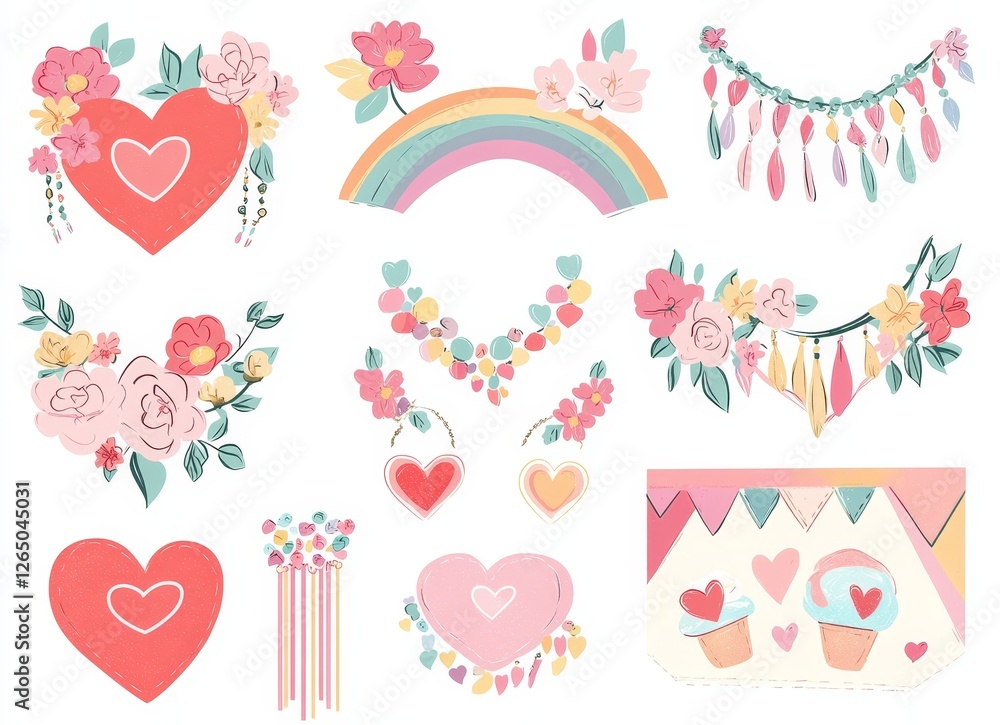 Modern flat illustrations of love icons, hearts, rainbows, and decorations make up the Valentine's Day collection of symbols Modern flat illustrations of love icons, hearts, rainbows, and decorations make up the Valentine's Day collection of symbols