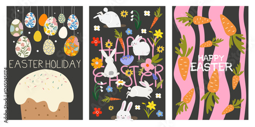 Set of Happy Easter abstract poster in retro cartoon style. Spring holiday. Easter cake, colorful eggs, easter white bunny, carrots. Trendy editable vector template for poster, banner, wall decor