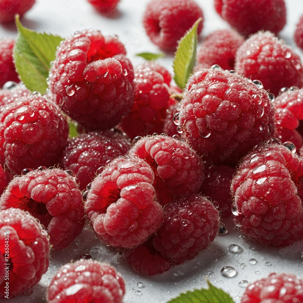 A fresh bunch of raspberries with droplets of dew, scattered on a white background. A fresh bunch of raspberries with droplets of dew, scattered on a white background.